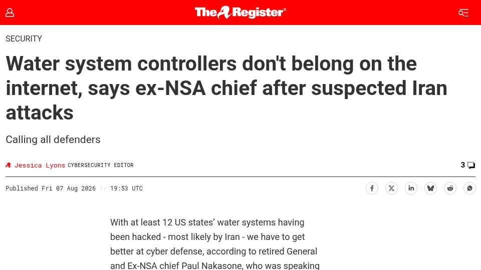 Screenshot of theregister.com: Water system controllers don't belong on the internet, says ex-NSA chief