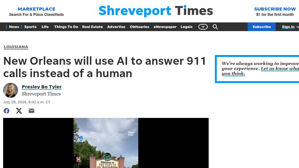 Screenshot of shreveporttimes.com: New Orleans is testing Carbyne’s AI-powered Emergency Call Triage software