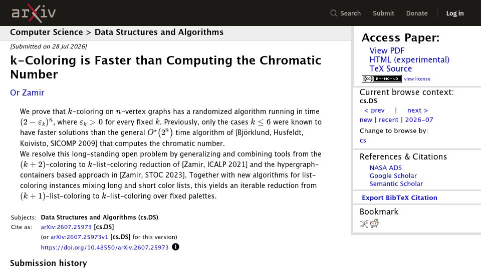 Screenshot of arxiv.org: k-Coloring is Faster than Computing the Chromatic Number