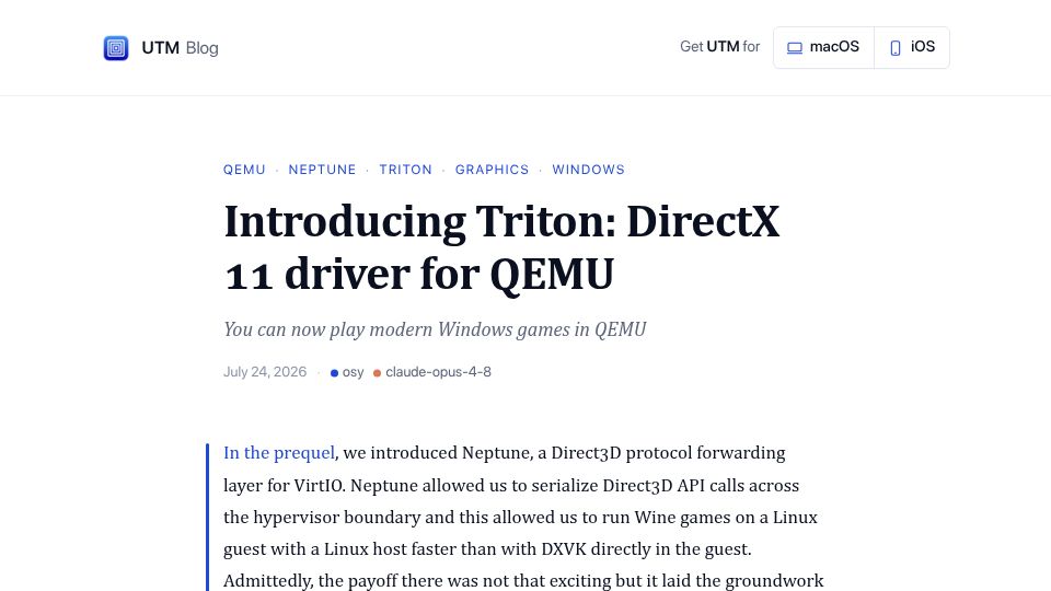 Screenshot of blog.getutm.app: Triton: DirectX 11 Driver for QEMU