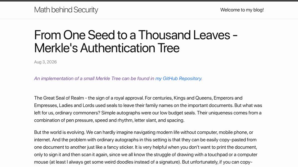 Screenshot of 0xkrt26.github.io: From One Seed to a Thousand Leaves – Merkle's Authentication Tree