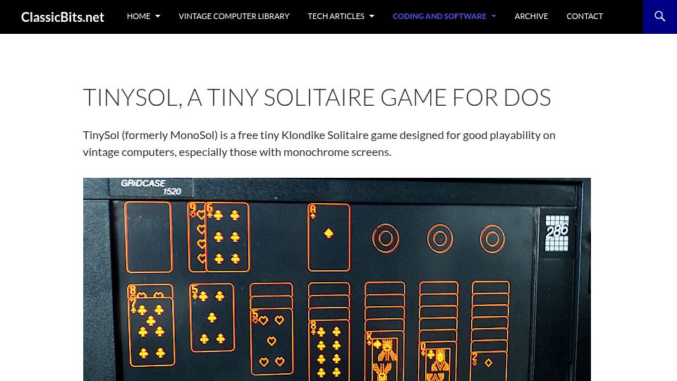 Screenshot of classicbits.net: TinySol, a tiny solitaire game for DOS
