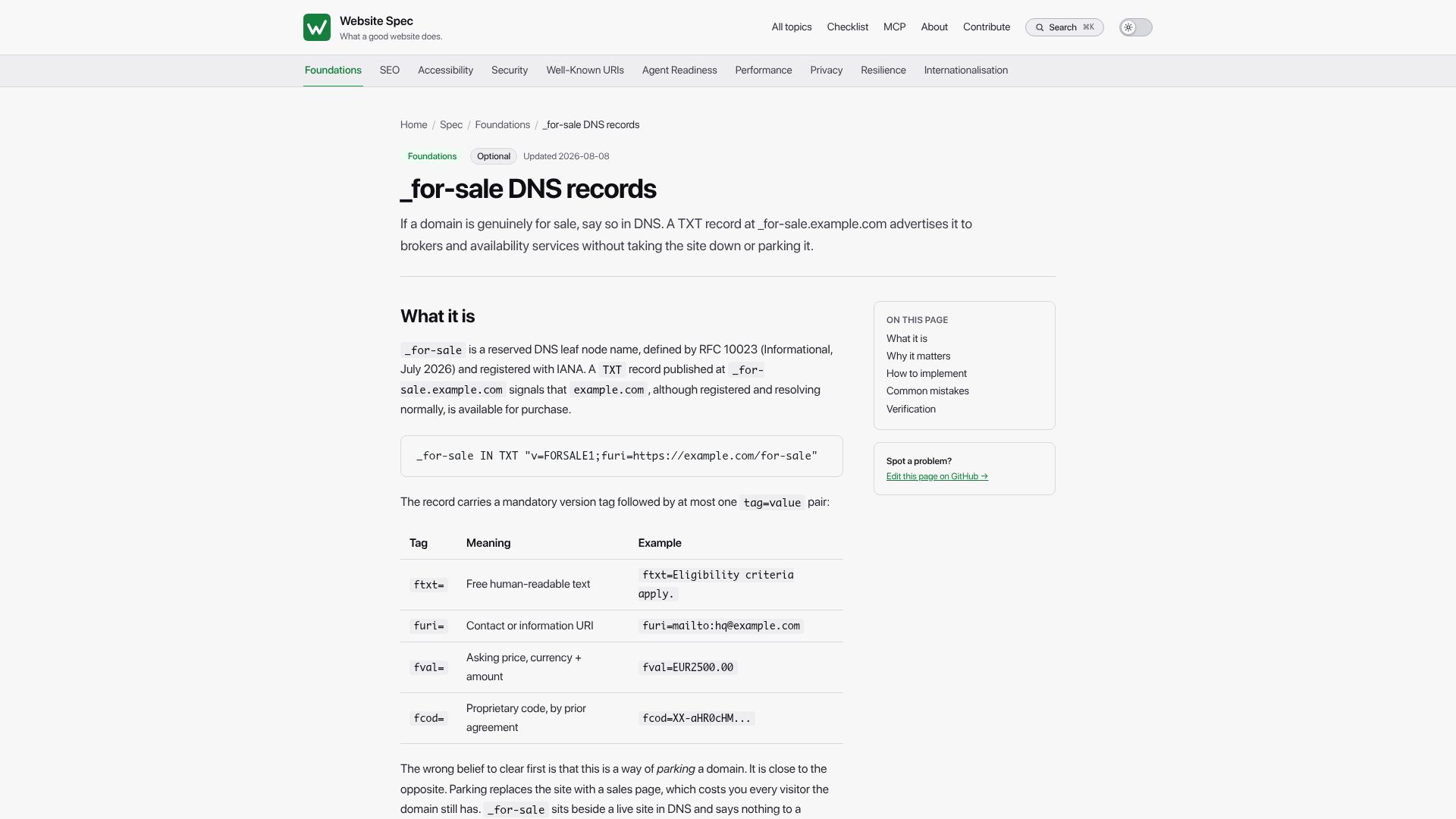 Screenshot of specification.website: _for-sale DNS records