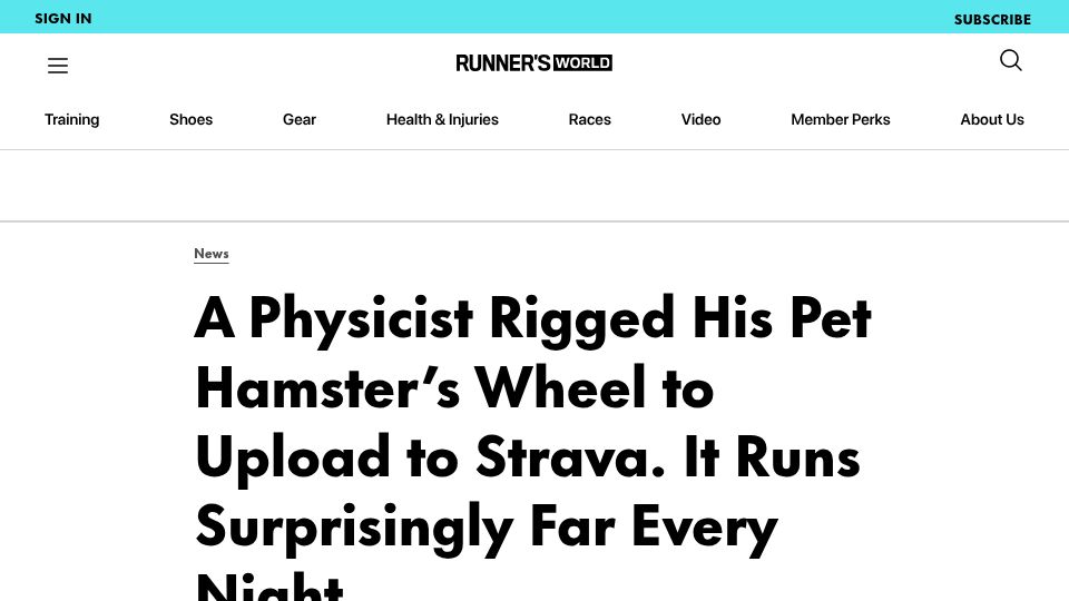 Screenshot of runnersworld.com: A physicist rigged his pet hamster’s wheel to upload to Strava