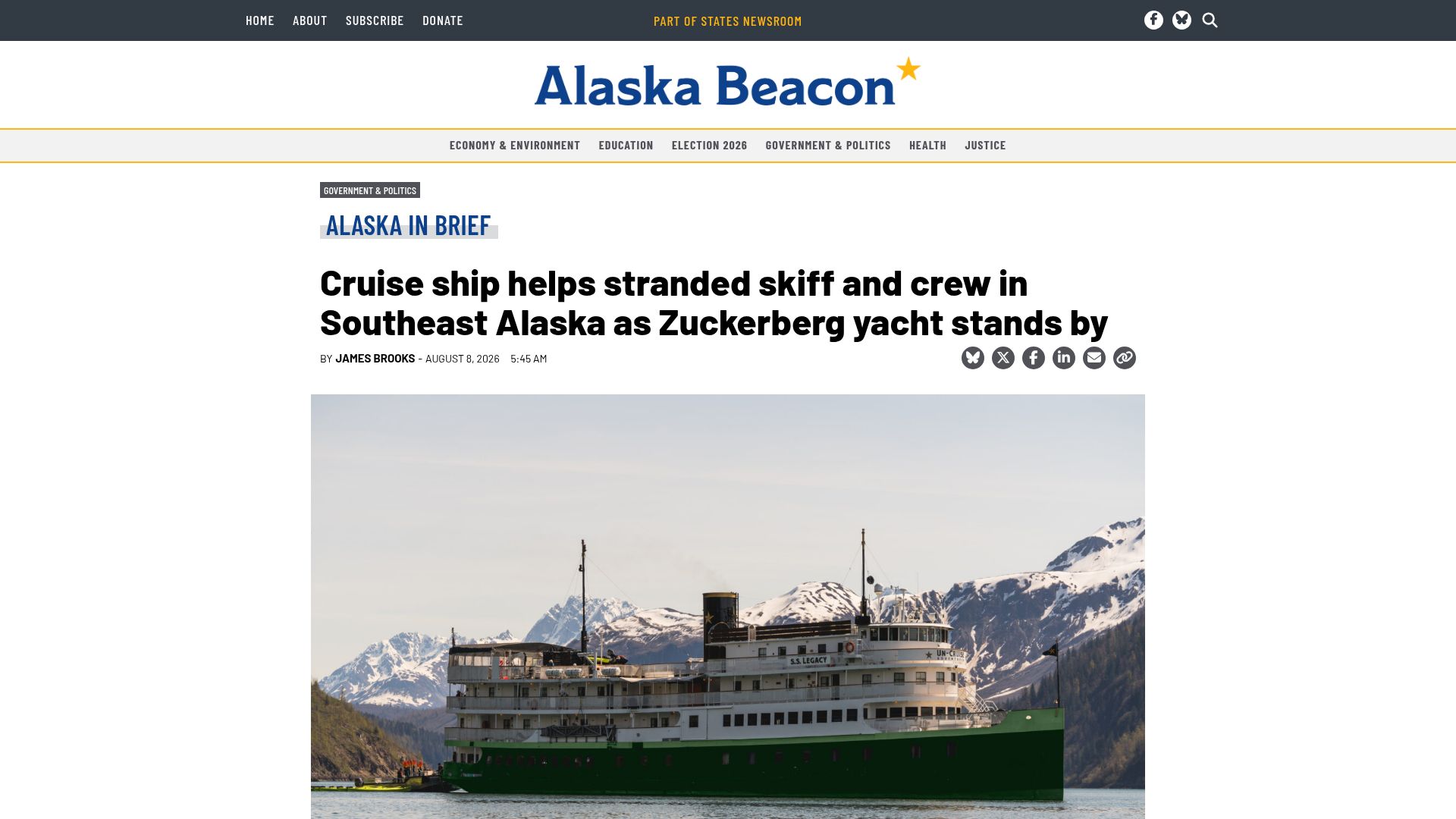 Screenshot of alaskabeacon.com: Cruise ship helps stranded skiff, crew in Alaska as Zuckerberg yacht stands by
