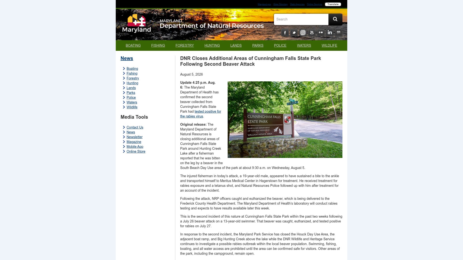 Screenshot of news.maryland.gov: Maryland Closes More of Cunningham Falls State Park After Second Beaver Attack