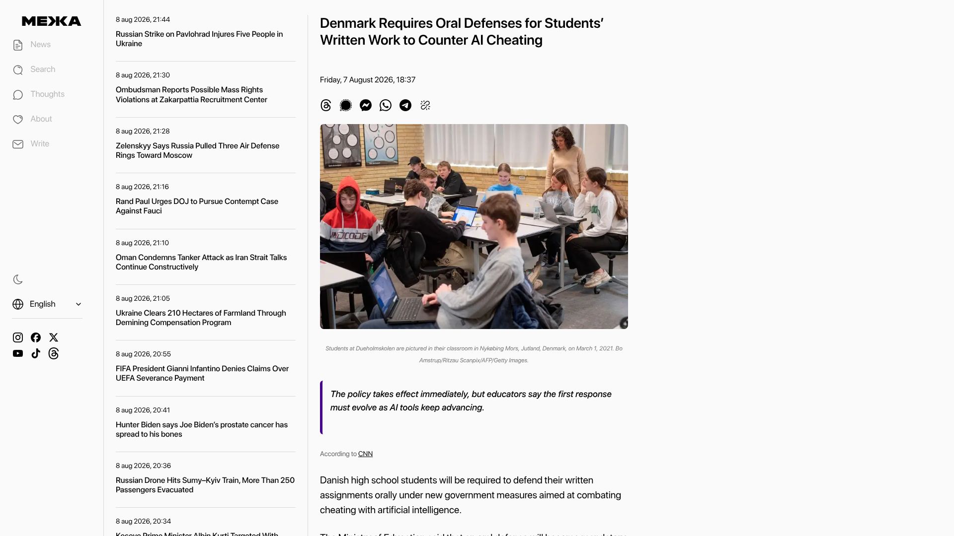 Screenshot of mezha.net: Danish high schoolers will have to verbally defend written assignments