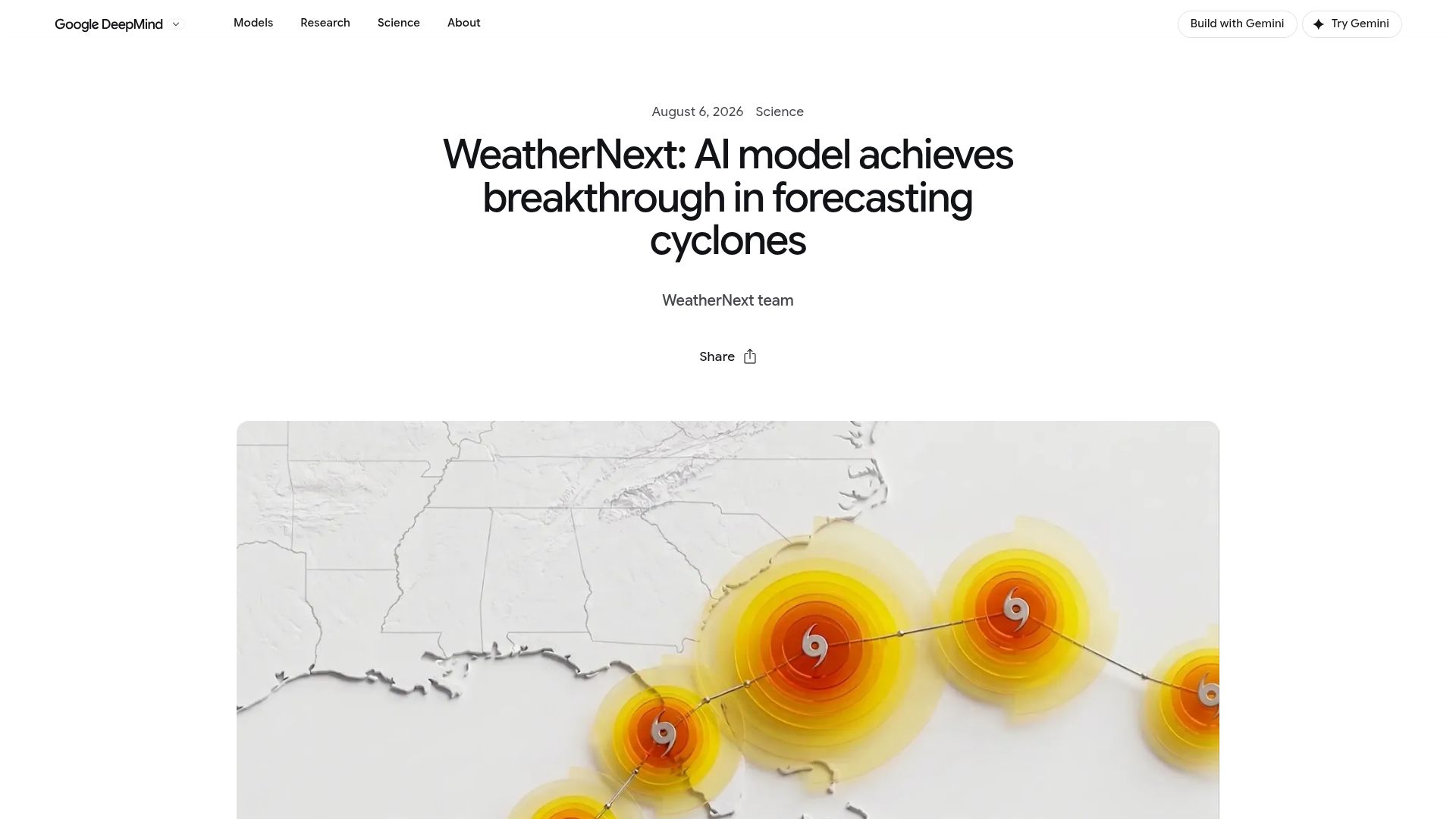 Screenshot of deepmind.google: DeepMind's WeatherNext model achieves breakthrough forecasting cyclones
