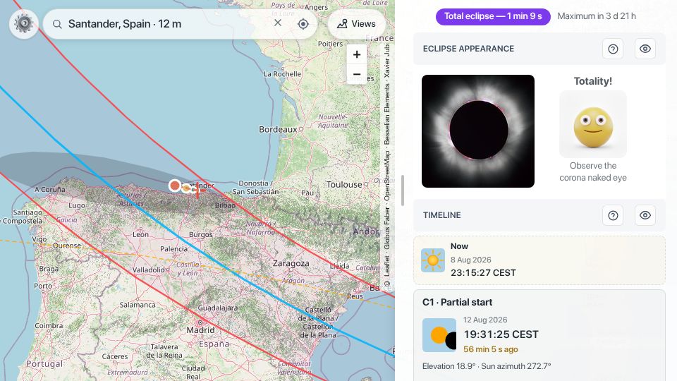 Screenshot of eclipsefan.org: Open-source interactive map for the Aug 12 total solar eclipse
