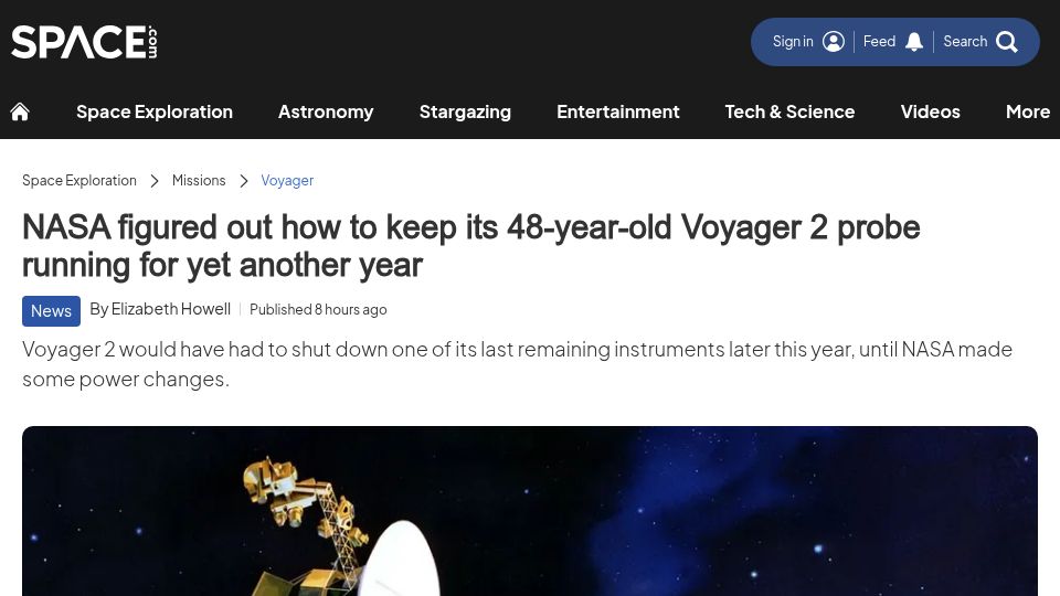 Screenshot of space.com: NASA figured out how to keep its Voyager 2 probe running for another year