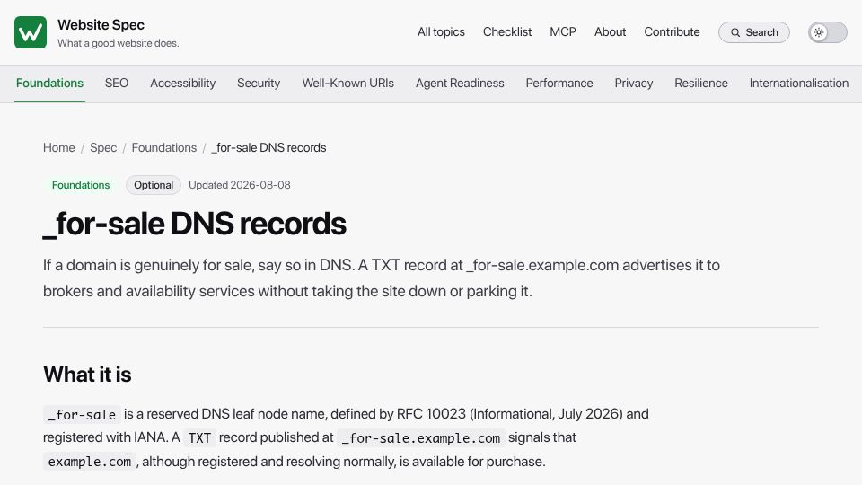 Screenshot of specification.website: _for-sale DNS records