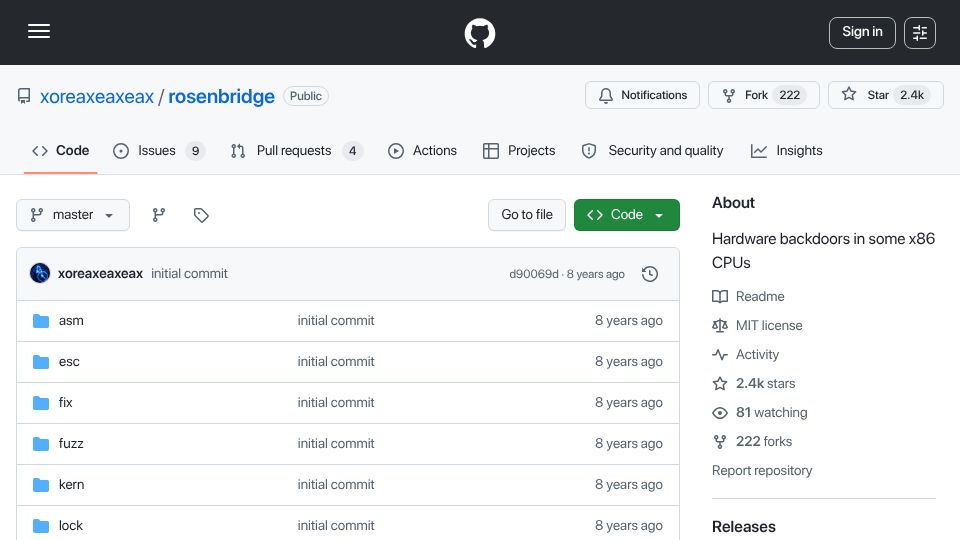 Screenshot of github.com: Hardware backdoors in some x86 CPUs