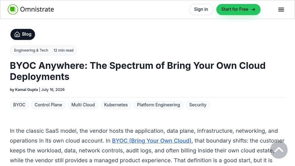 Screenshot of omnistrate.com: BYOC Anywhere: The Spectrum of Bring Your Own Cloud Deployments