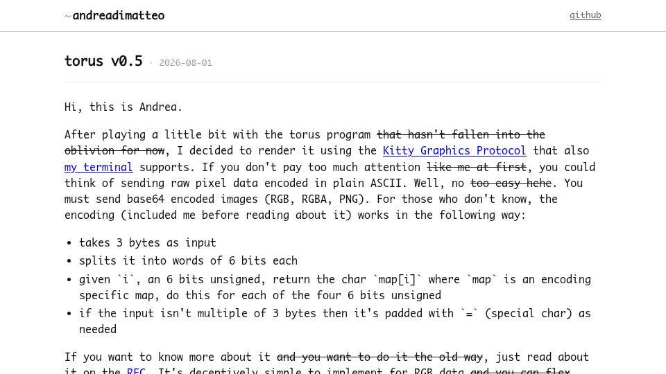 Screenshot of andreadimatteo.com: Show HN: Rotating torus in terminal (but with kitty graphics protocol)