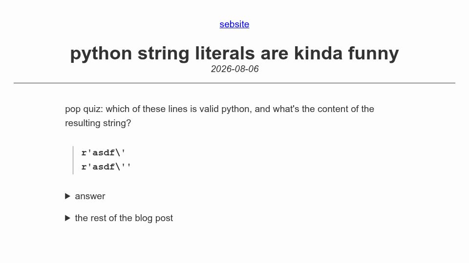 Screenshot of sebsite.pw: Python string literals are kinda funny