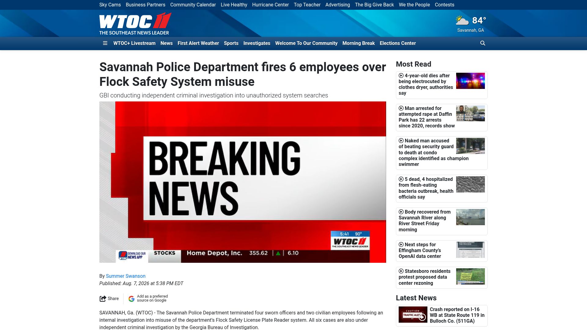 Screenshot of wtoc.com: Georgia police officers fired after Flock camera misuse