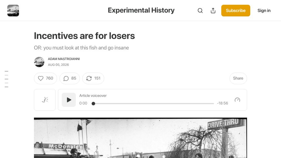 Screenshot of experimental-history.com: Incentives are for losers