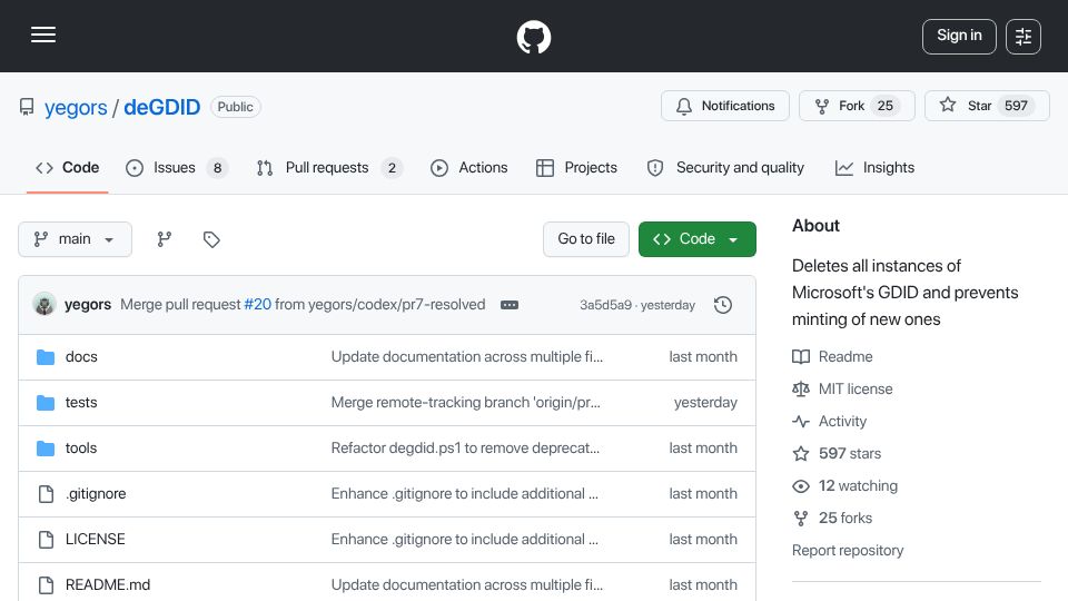 Screenshot of github.com: Deletes all instances of Microsoft's GDID and prevents minting of new ones