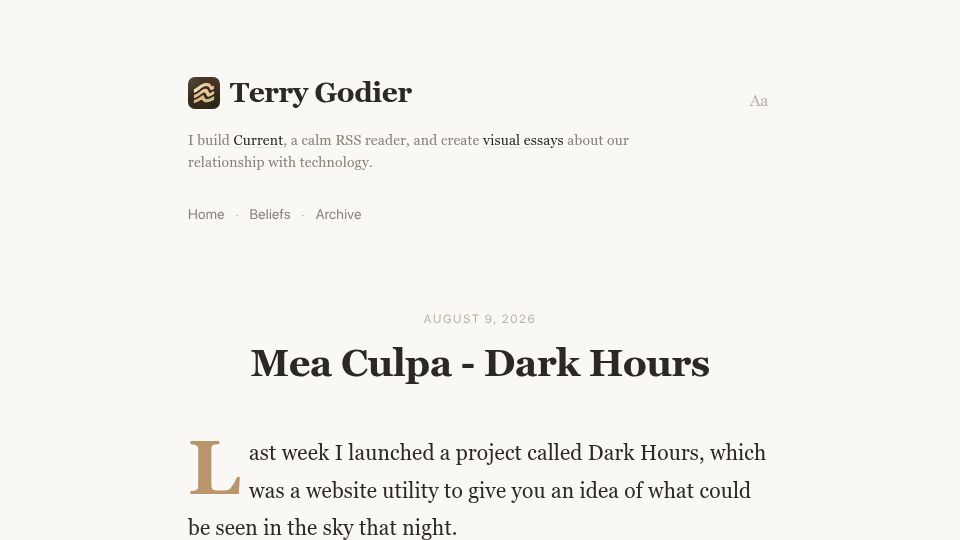 Screenshot of blog.terrygodier.com: Mea Culpa – Dark Hours