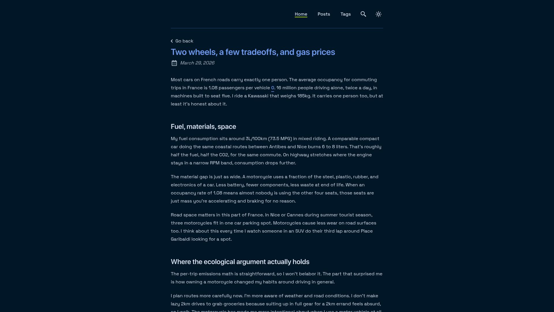Screenshot of blog.raed.dev: Two wheels, a few tradeoffs, and gas prices