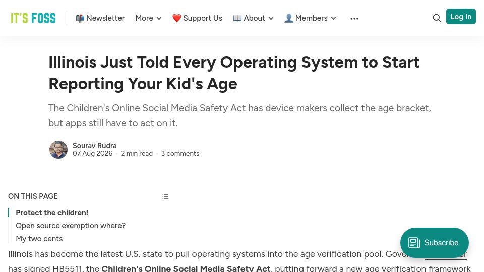 Screenshot of itsfoss.com: Illinois just told every operating system to start reporting your kid's age