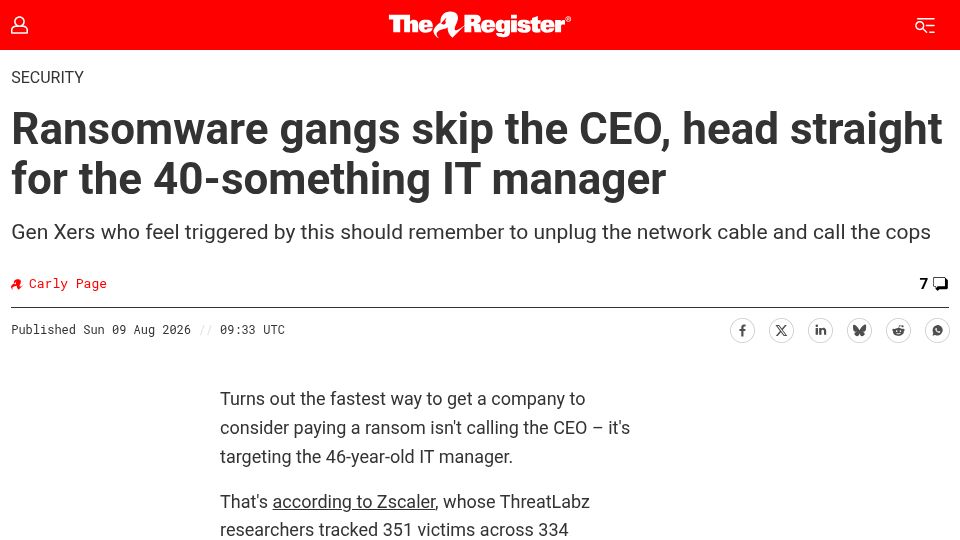 Screenshot of theregister.com: Ransomware gangs skip the CEO, head straight for the 40-something IT manager