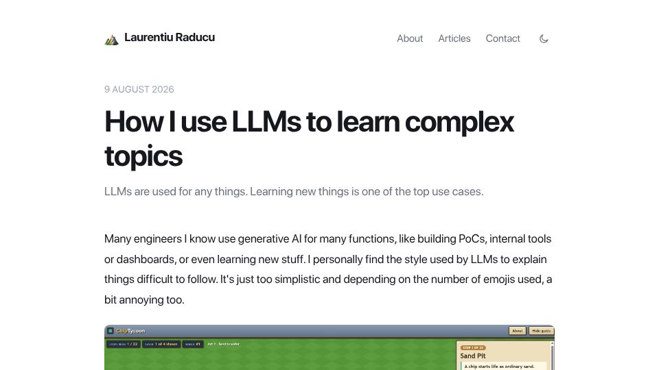 Screenshot of laurentiugabriel.github.io: How I use LLMs to learn complex topics