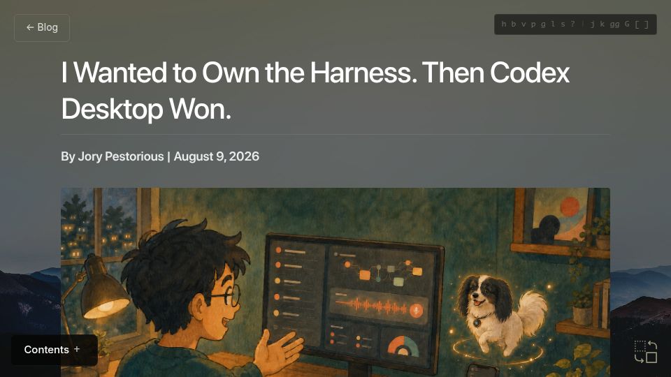 Screenshot of jorypestorious.com: I Wanted to Own the Harness. Then Codex Desktop Won