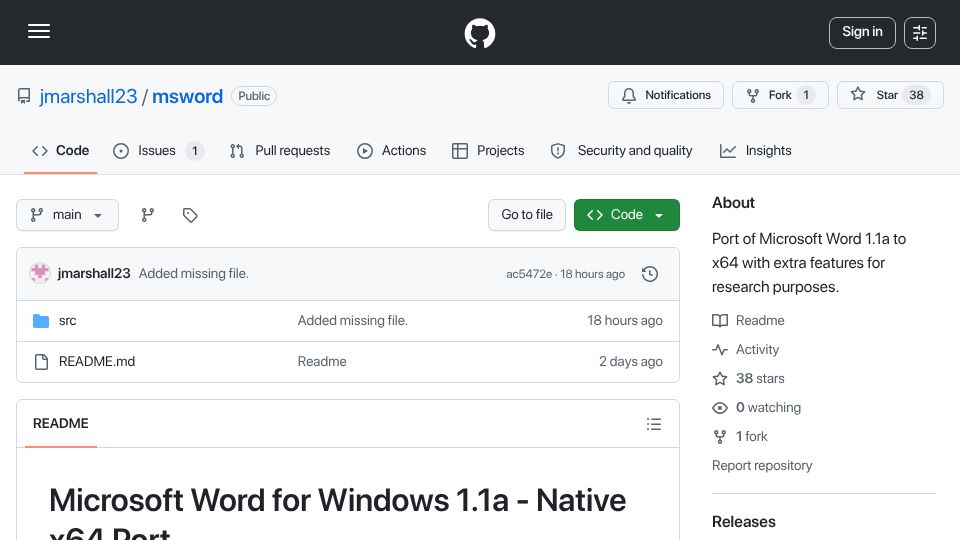 Screenshot of github.com: Microsoft Word for Windows 1.1a, Native X64 Port