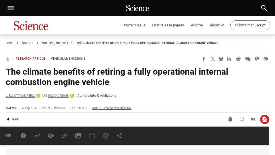 Screenshot of science.org: The climate benefits of retiring an operational combustion engine vehicle