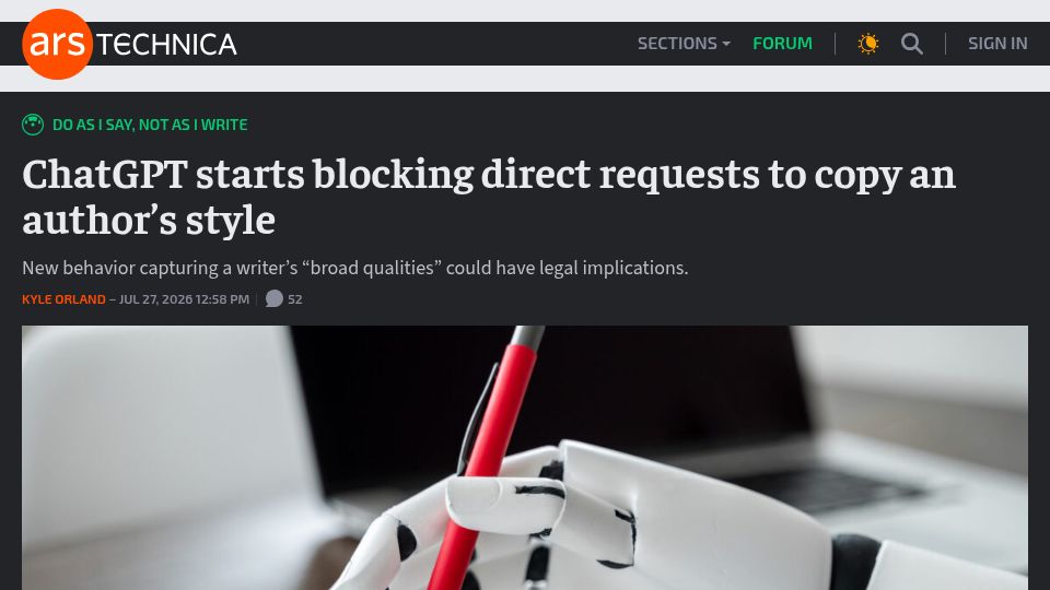 Screenshot of arstechnica.com: ChatGPT starts blocking direct requests to copy an author's style