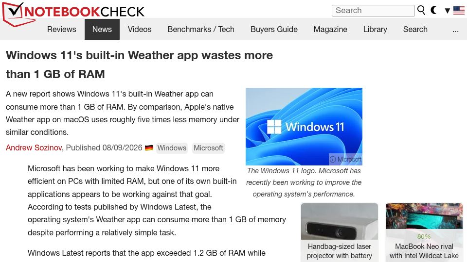Screenshot of notebookcheck.net: Windows 11's built-in Weather app wastes more than 1 GB of RAM