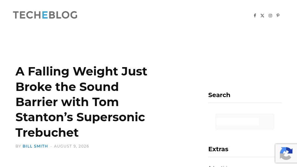 Screenshot of techeblog.com: Tom Stanton's supersonic trebuchet breaks sound barrier with gravity alone