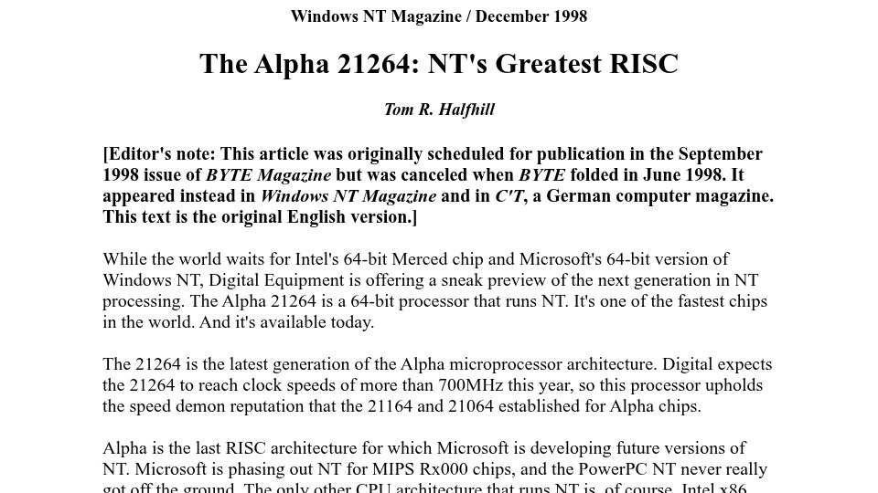Screenshot of halfhill.com: The Alpha 21264 CPU: NT's Greatest RISC (1998)