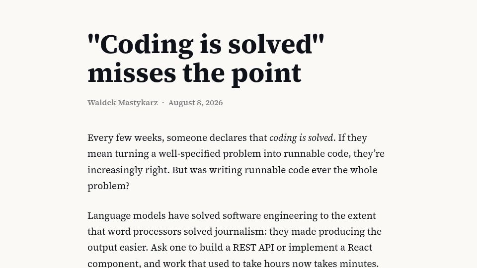 Screenshot of blog.mastykarz.nl: "Coding is solved" misses the point