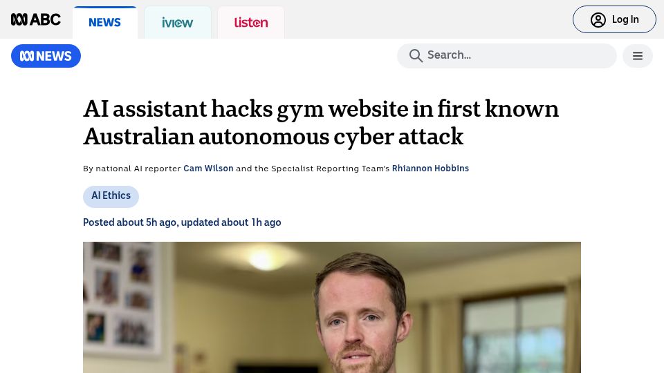 Screenshot of abc.net.au: AI assistant hacks gym website in first known Australian autonomous cyber attack