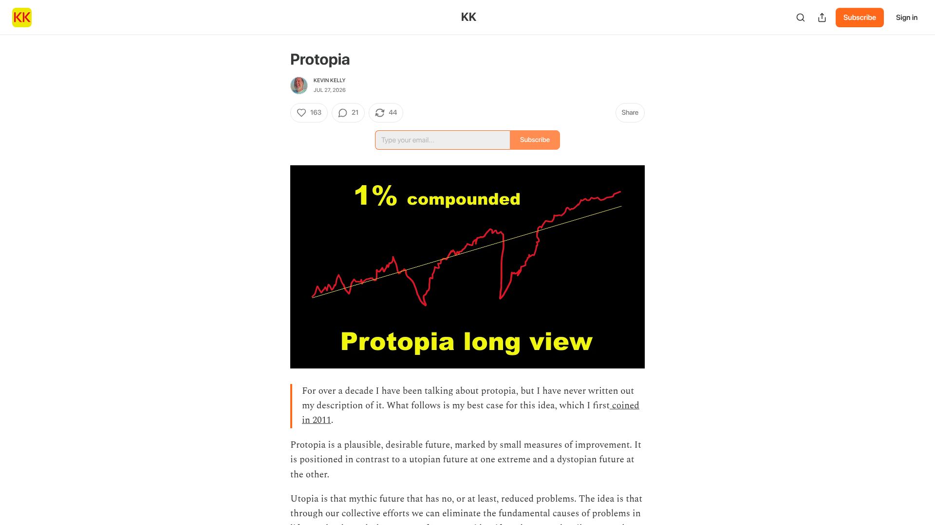 Screenshot of kevinkelly.substack.com: Protopia