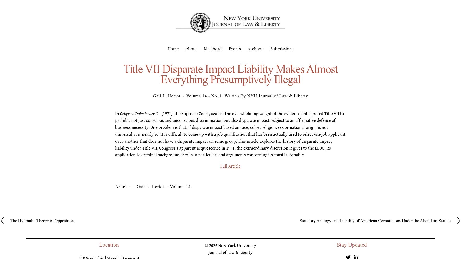 Screenshot of nyujll.com: Title 7 Disparate Impact Liability Makes Almost Everything Presumptively Illegal