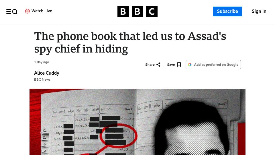 Screenshot of bbc.com: The phone book that led us to Assad's spy chief in hiding