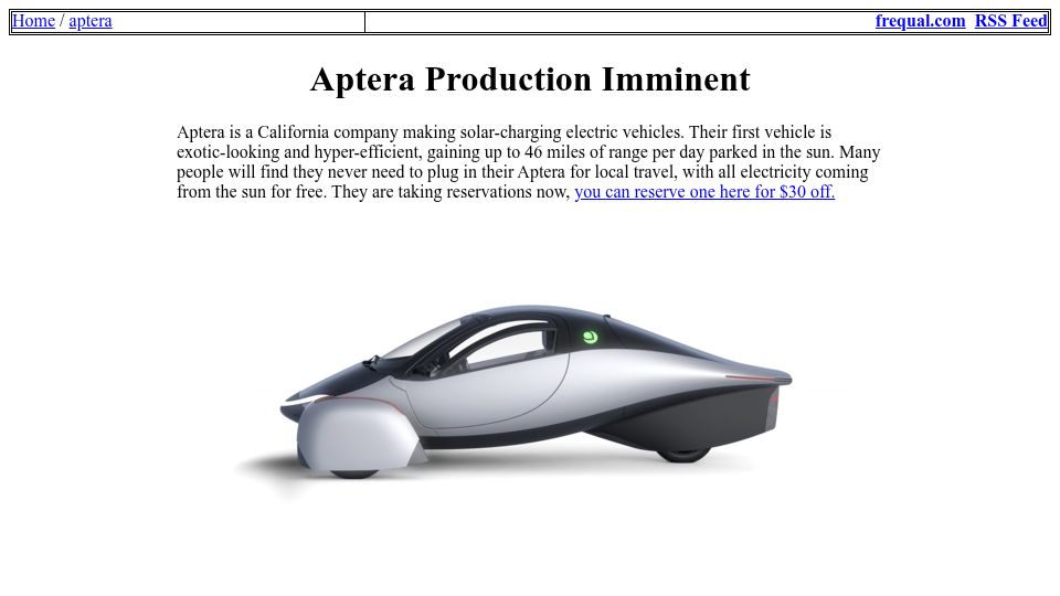 Screenshot of frequal.com: Production Imminent: 40 Solar-Charging Aptera EVs Coming Soon