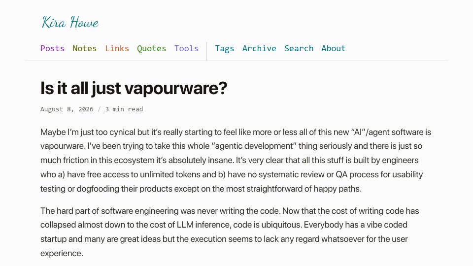 Screenshot of kirahowe.com: Is it all just vapourware?