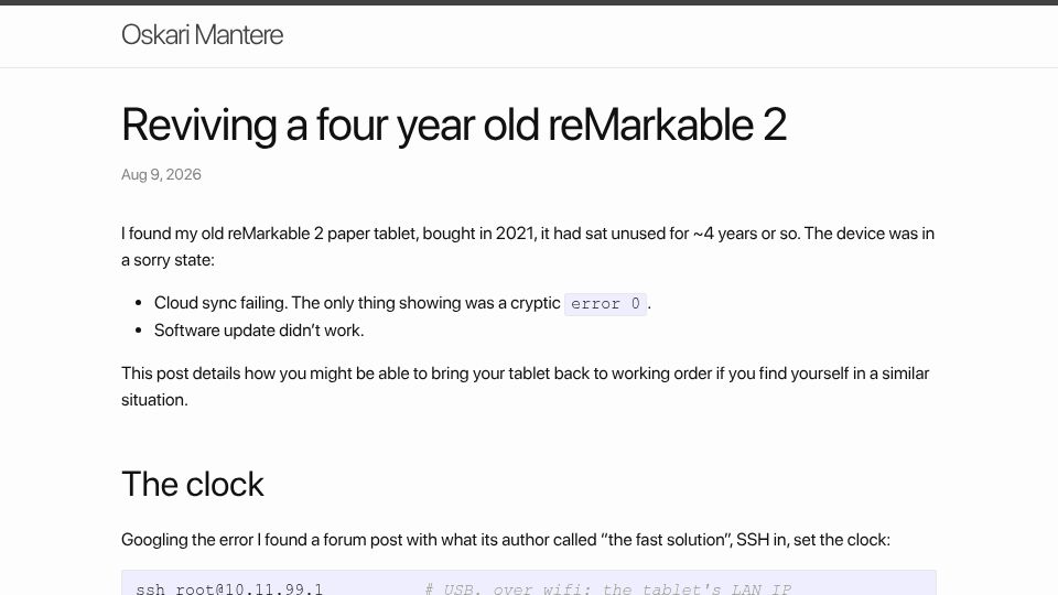 Screenshot of oskrim.github.io: Reviving a four year old reMarkable 2