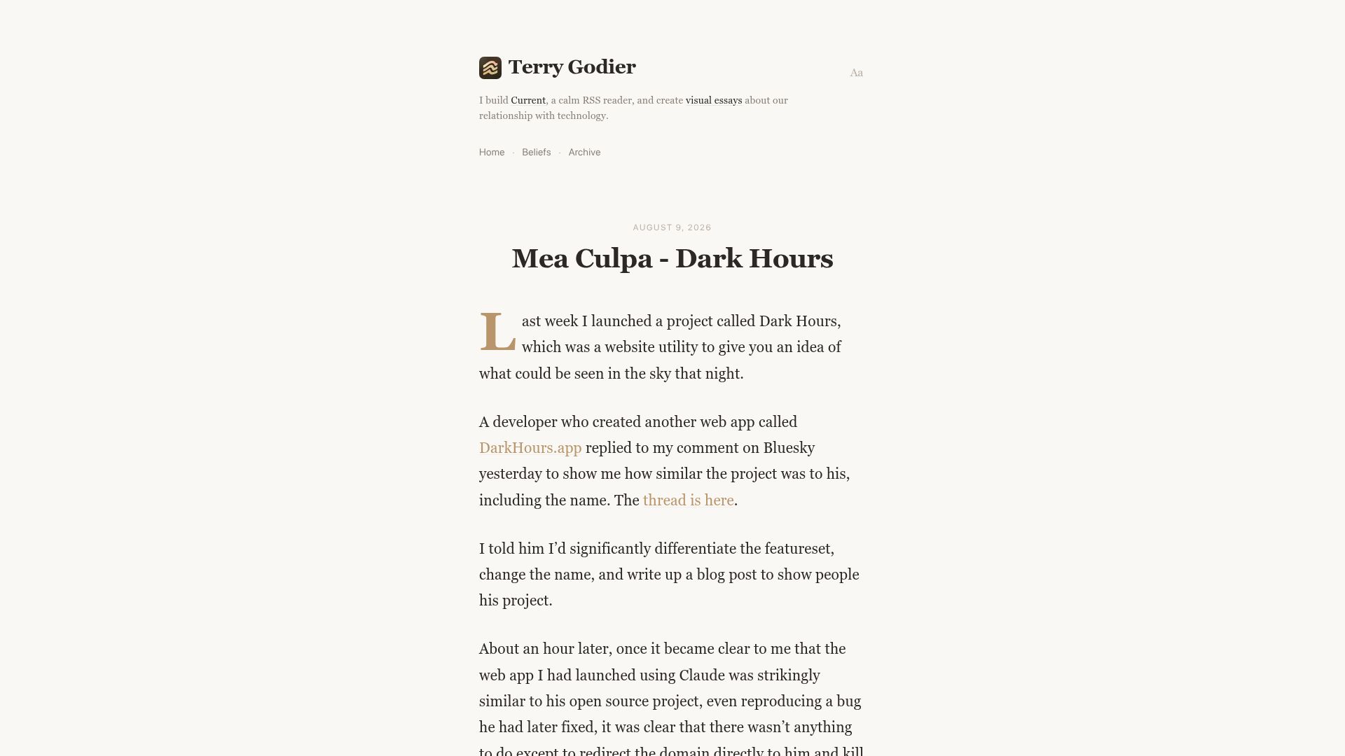 Screenshot of blog.terrygodier.com: Mea Culpa – Dark Hours