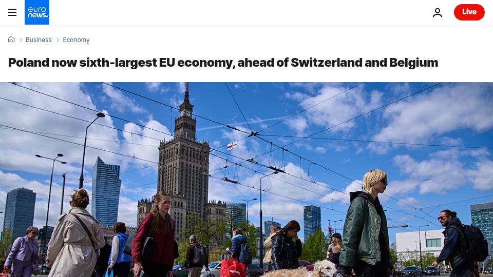 Screenshot of euronews.com: Poland now 6th-largest EU economy, ahead of Switzerland and Belgium