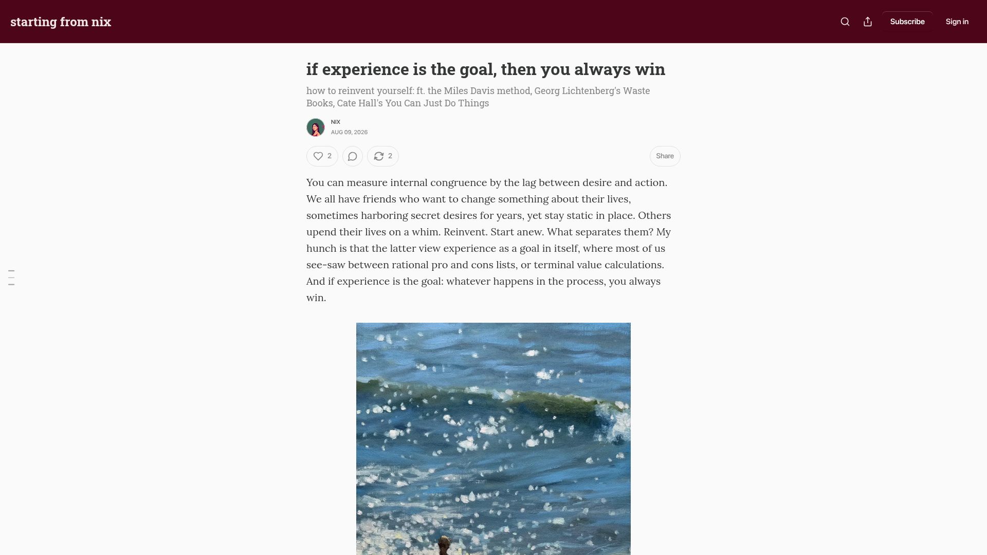 Screenshot of startingfromnix.com: If experience is the goal, then you always win