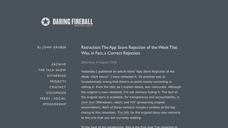 Screenshot of daringfireball.net: Retraction: The App Store Rejection of the Week That Was a Correct Rejection