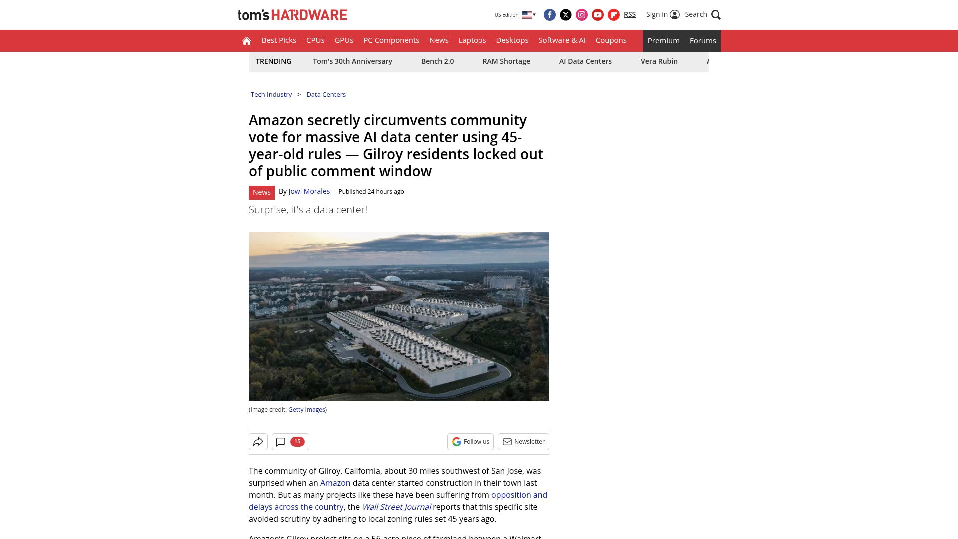 Screenshot of tomshardware.com: Amazon circumvents Gilroy community vote for AI data center