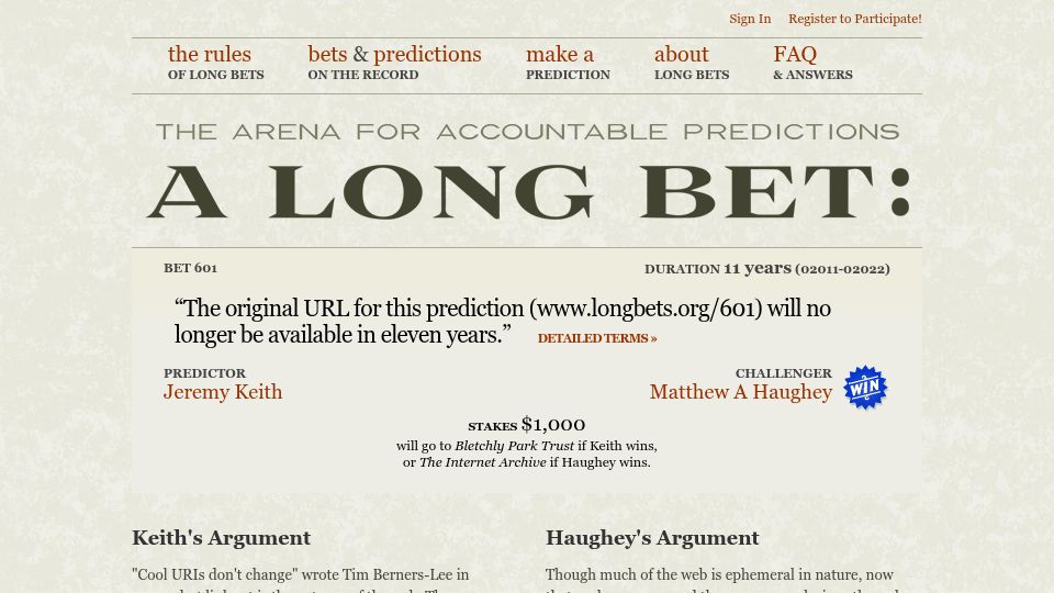 Screenshot of longbets.org: The original URL for this prediction will no longer be available in 11 years (2011)