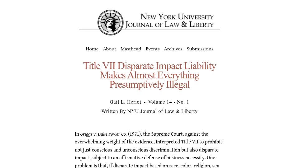 Screenshot of nyujll.com: Title 7 Disparate Impact Liability Makes Almost Everything Presumptively Illegal