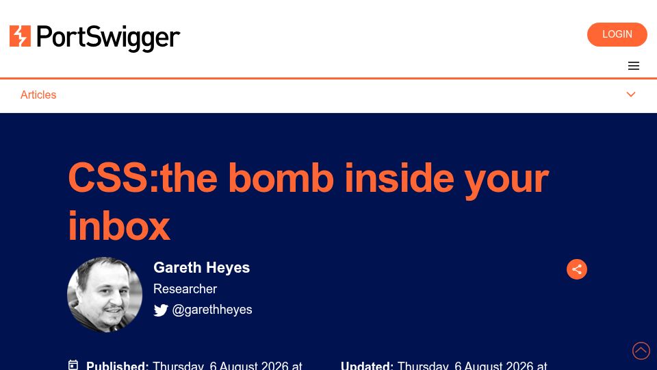 Screenshot of portswigger.net: CSS: The bomb inside your inbox